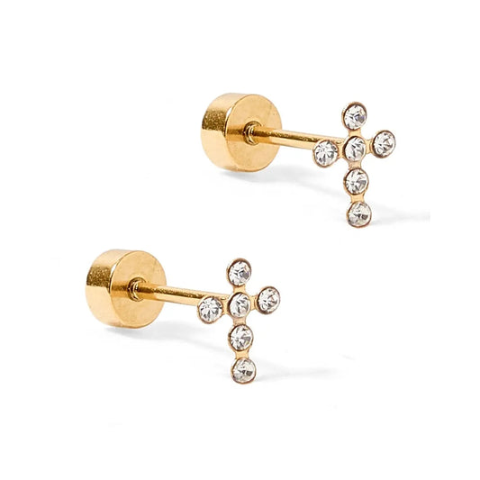 Clara Cross Gold Sparkle Screwback Stud Earrings