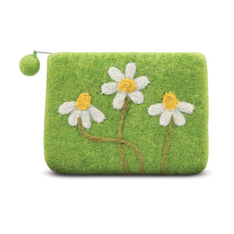 Needle Daisy Flowers Felted Coin Purse Green