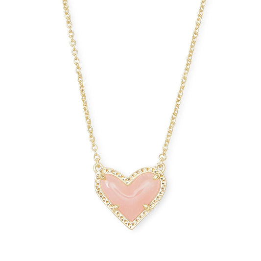 Ari Heart Short Pendant Necklace Gold Rose Quartz