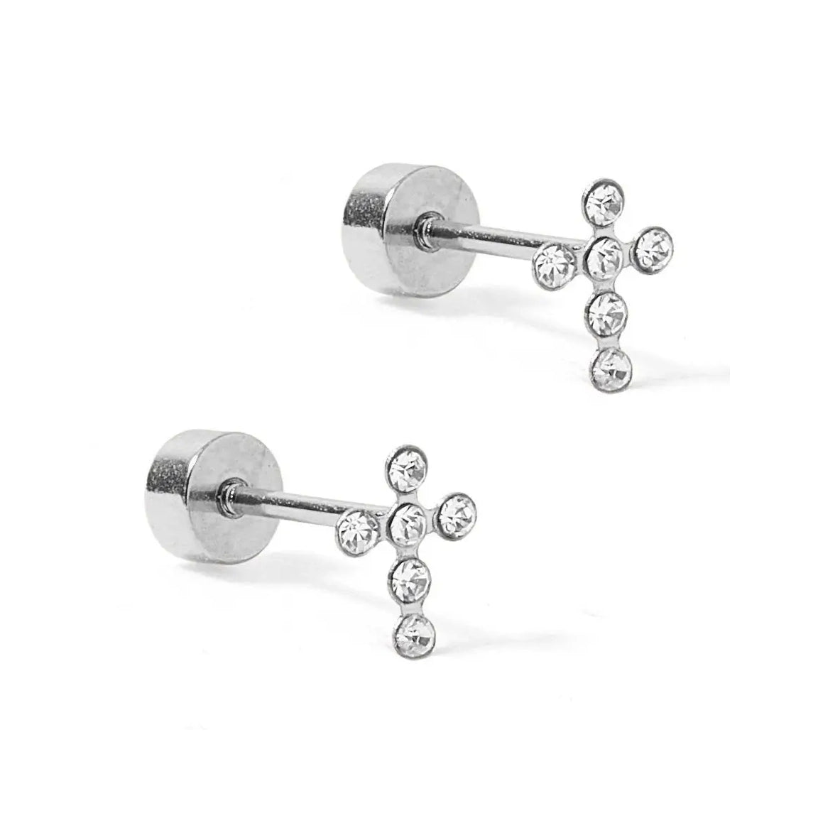 Clara Cross Silver Sparkle Screwback Stud Earrings