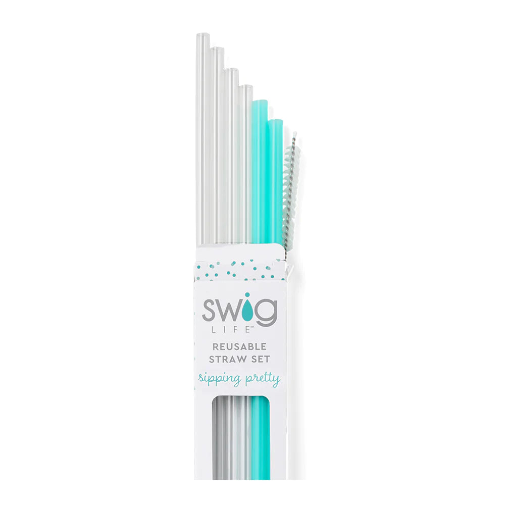 Glitter Clear & Aqua Reusable Straw Set