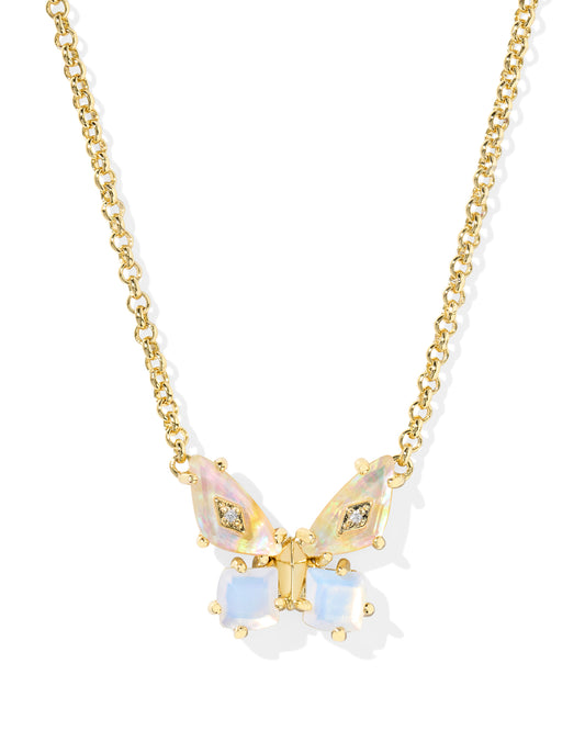 Bianca Butterfly Short Pendant Necklace Gold Iridescent White Mix
