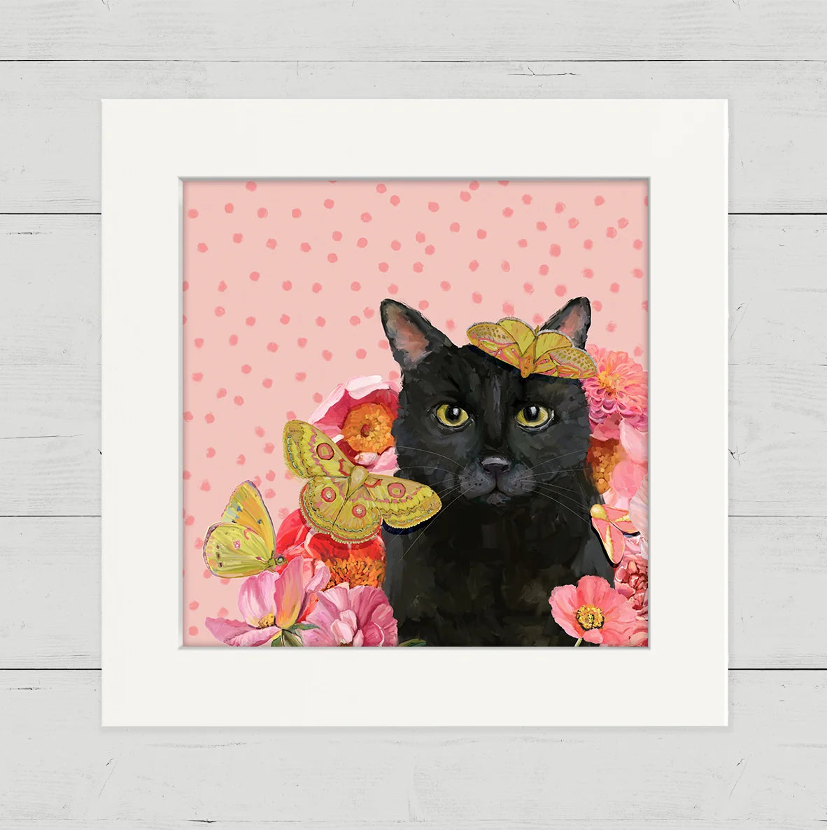 Black Cat Garden on Pink Happy Square Art