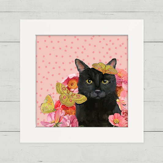 Black Cat Garden on Pink Happy Square Art