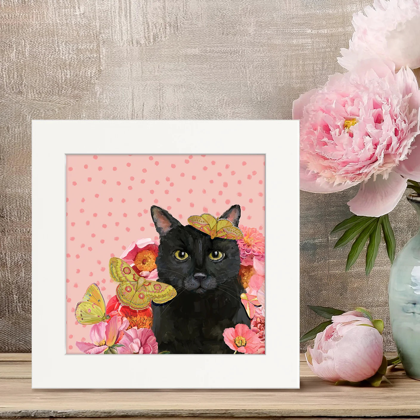 Black Cat Garden on Pink Happy Square Art