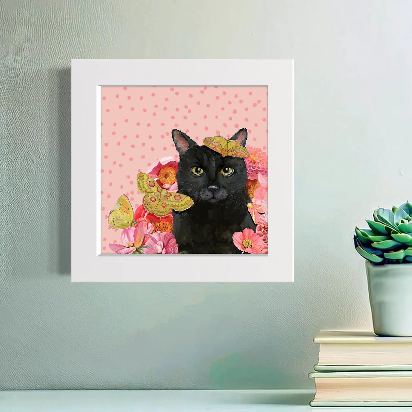 Black Cat Garden on Pink Happy Square Art