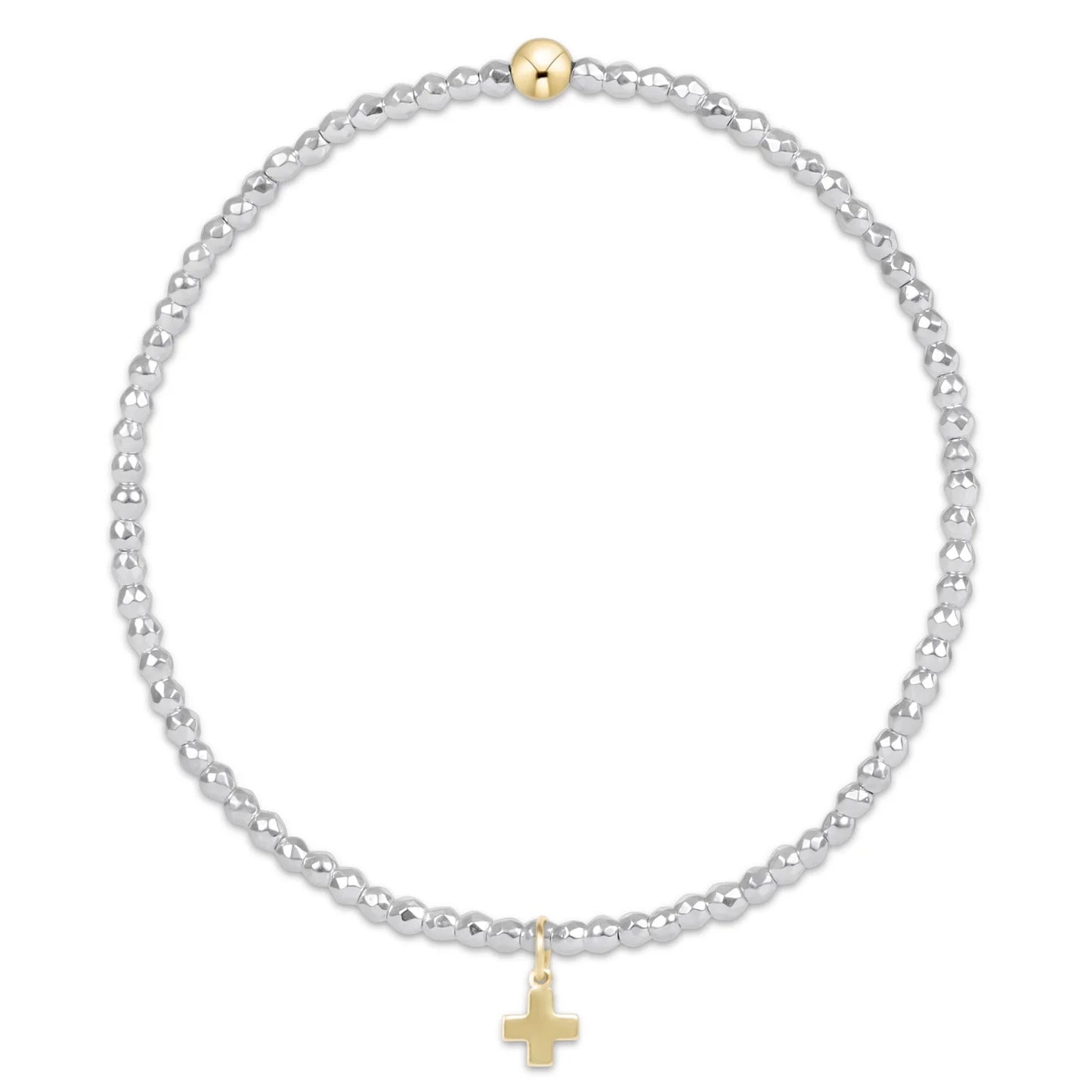 Bright Silver Faceted Hematite 2mm Bead Bracelet Signature Cross Gold Charm