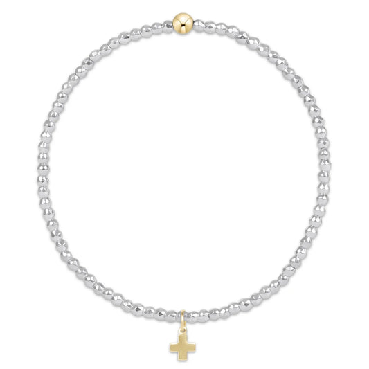 Bright Silver Faceted Hematite 2mm Bead Bracelet Signature Cross Gold Charm