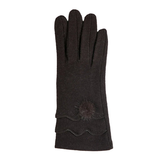Cassidy Gloves Brown Scallop Edges with Faux Fur Pom