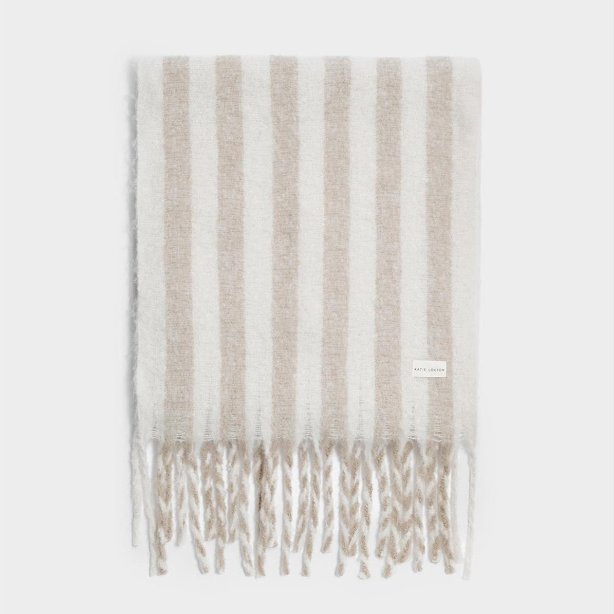 Off White/Sand Recycled Striped Tassel Scarf