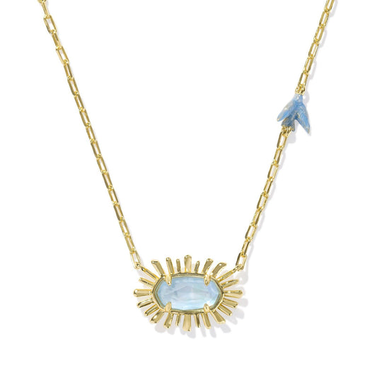 Elisa Bird Short Pendant Necklace Gold Sky Blue Mother of Pearl