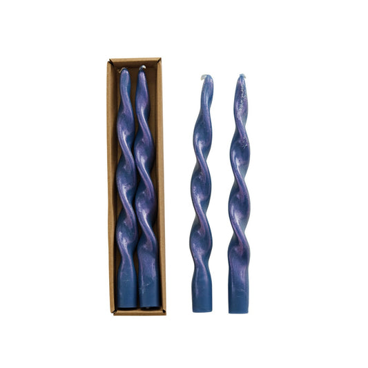 Unscented Twisted Taper Candles Iridescent Rainbow Finish Blue, Set of 2