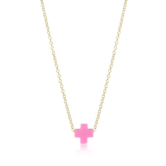 16" Necklace Gold Signature Cross Small Bright Pink