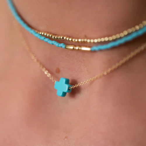 16" Necklace Gold Signature Cross Small Turquoise