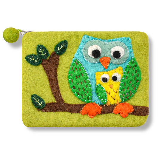 Owl on the Tree Felted Coin Purse Green