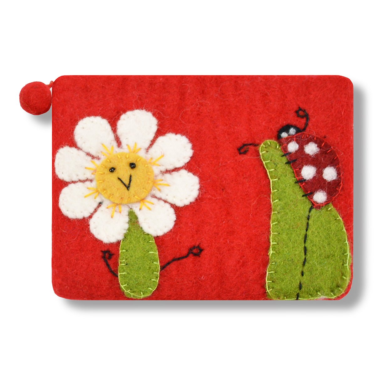 Sunflower and Lady Bug Felted Coin Purse Red