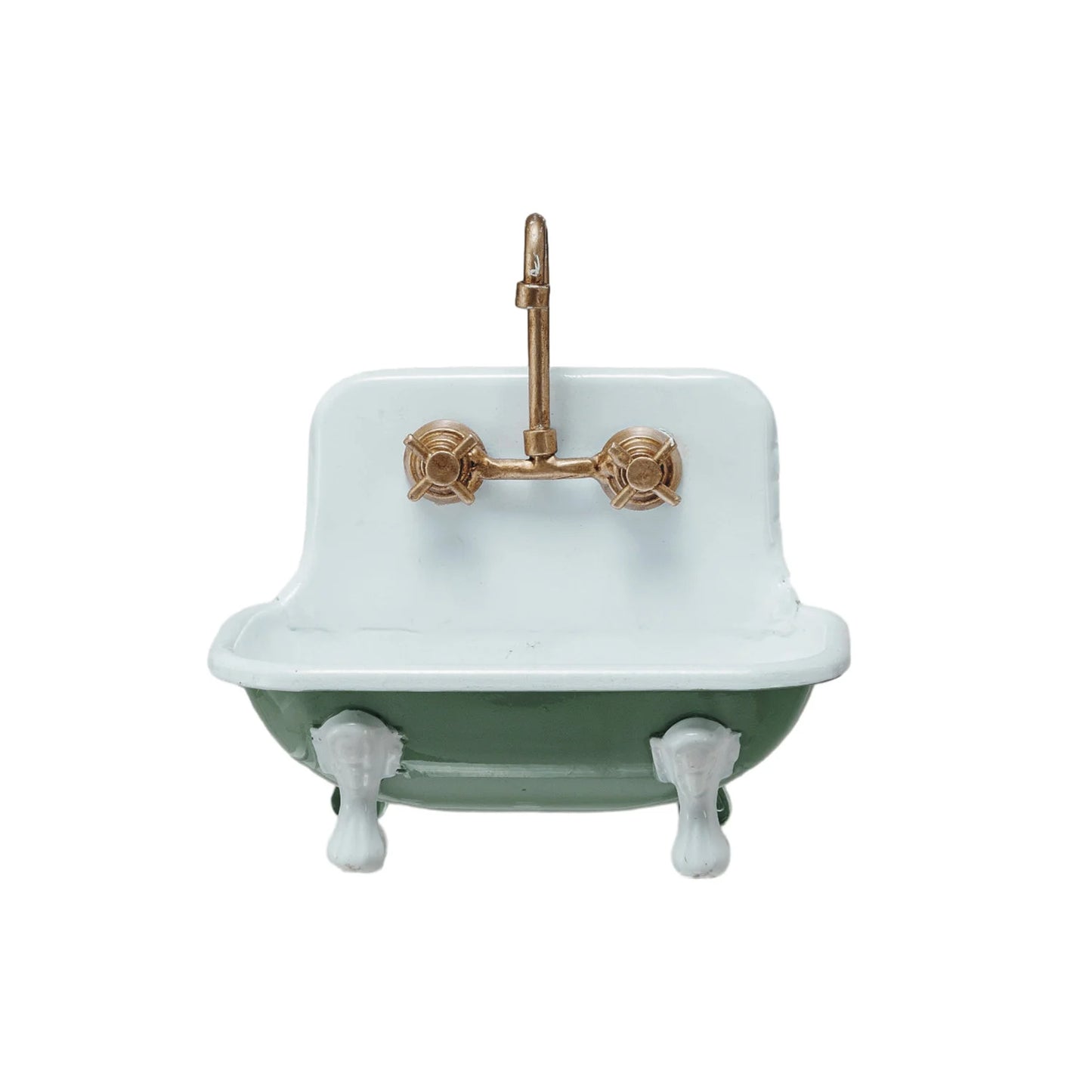 Metal Sink Soap Dish w/ Faucet, Green, White & Gold Finish