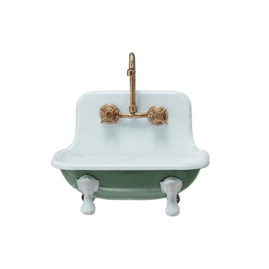 Metal Sink Soap Dish w/ Faucet, Green, White & Gold Finish