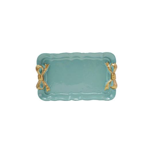Decorative Metal Tray with Gold Finish Bows Aqua