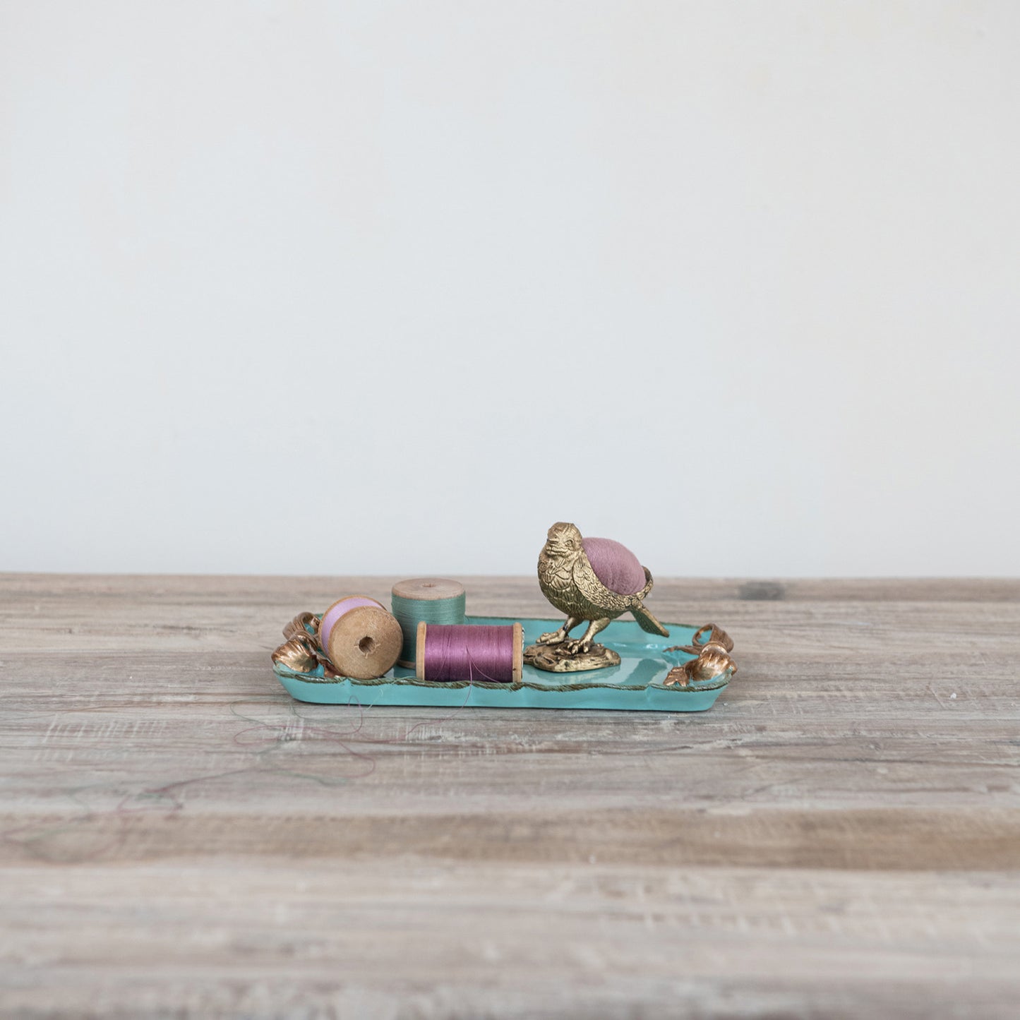 Decorative Metal Tray with Gold Finish Bows, Aqua