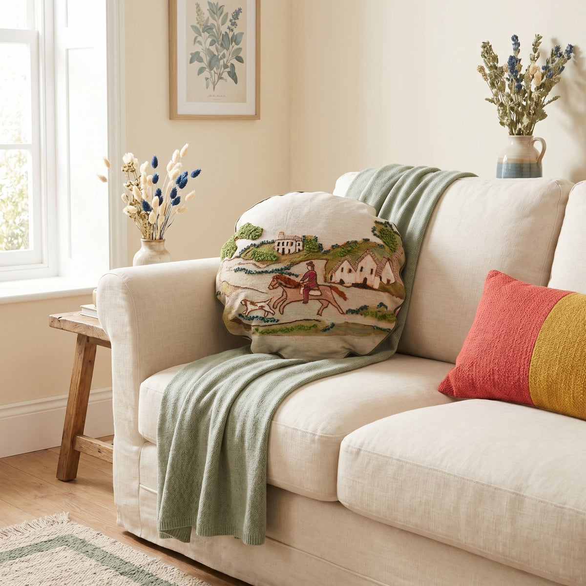 Cotton & Linen Pillow with Countryside Scene