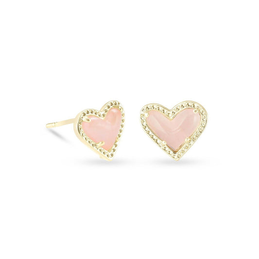 Ari Heart Stud Earrings Gold Rose Quartz