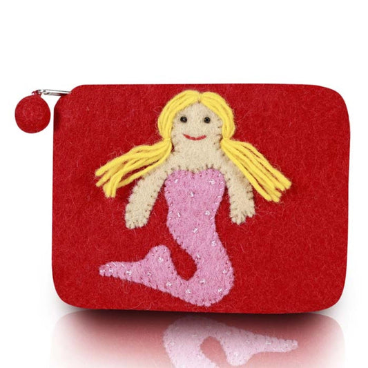 Mermaid Design Felted Coin Purse Red