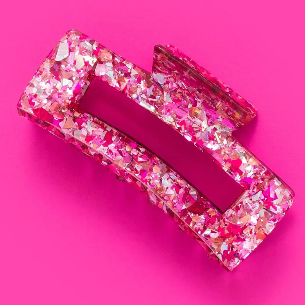 Pink Silver Claw Hair Clip Large Confetti