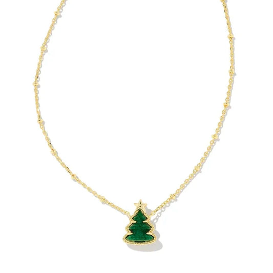 Holiday Tree Gold Short Pendant Necklace in Green Quartzite