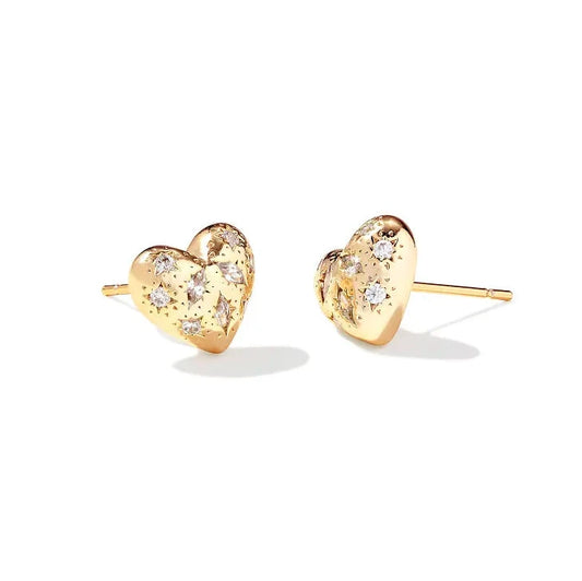 Holland Gold Heart Stud Earrings in White Crystal