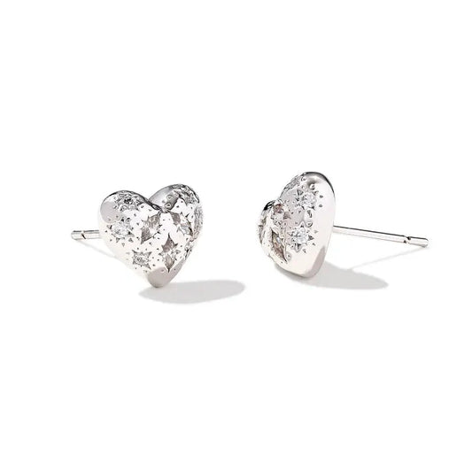 Holland Silver Heart Stud Earrings in White Crystal
