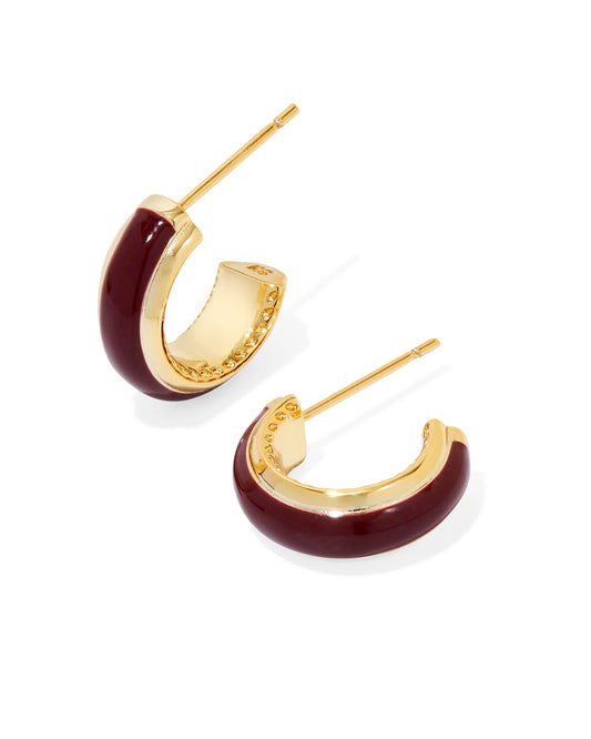 Ainsley Huggie Earrings Gold Burgundy Enamel