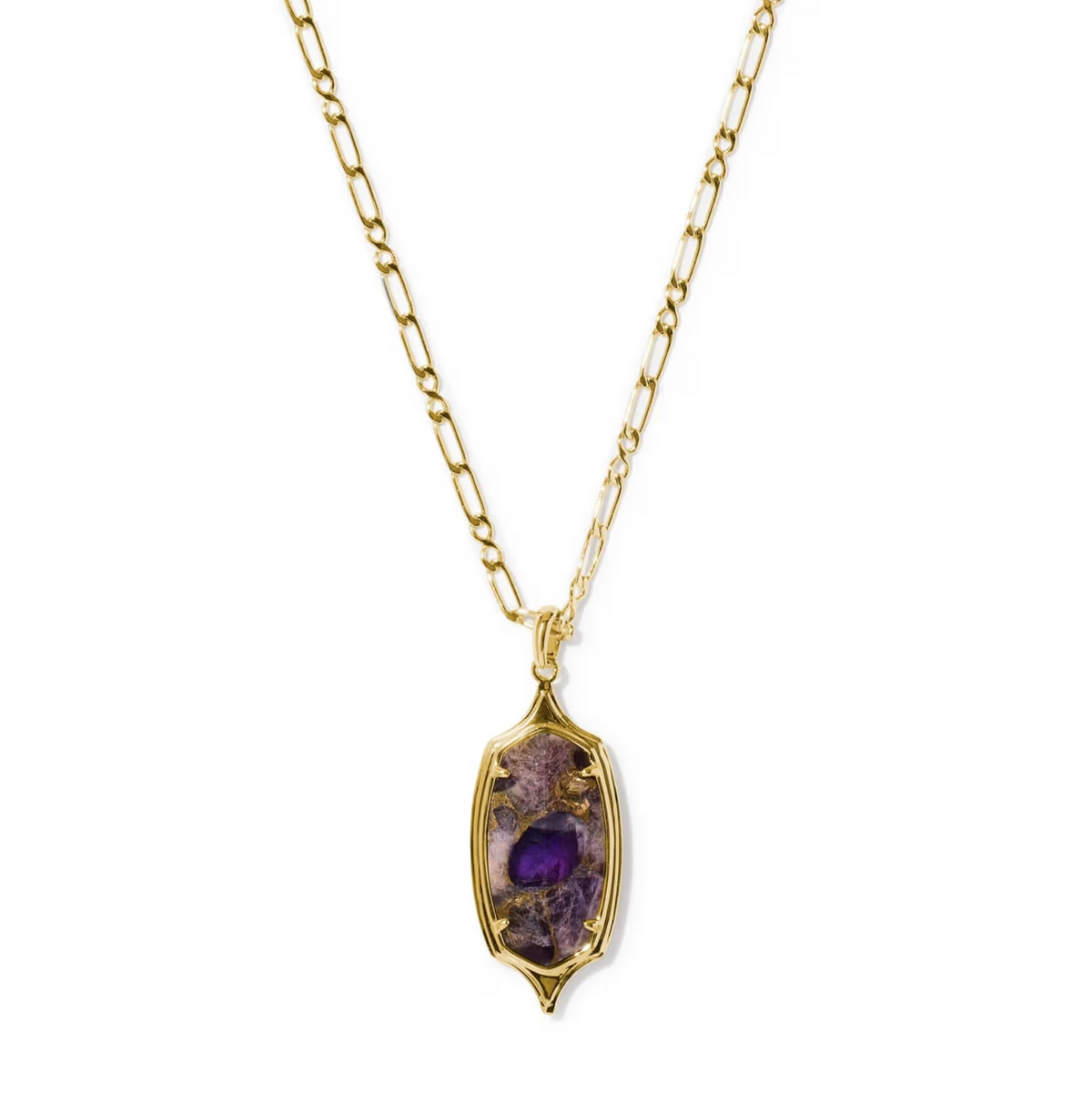 Dani Stepped Frame Long Pendant Necklace Gold Bronze Veined Purple Amethyst