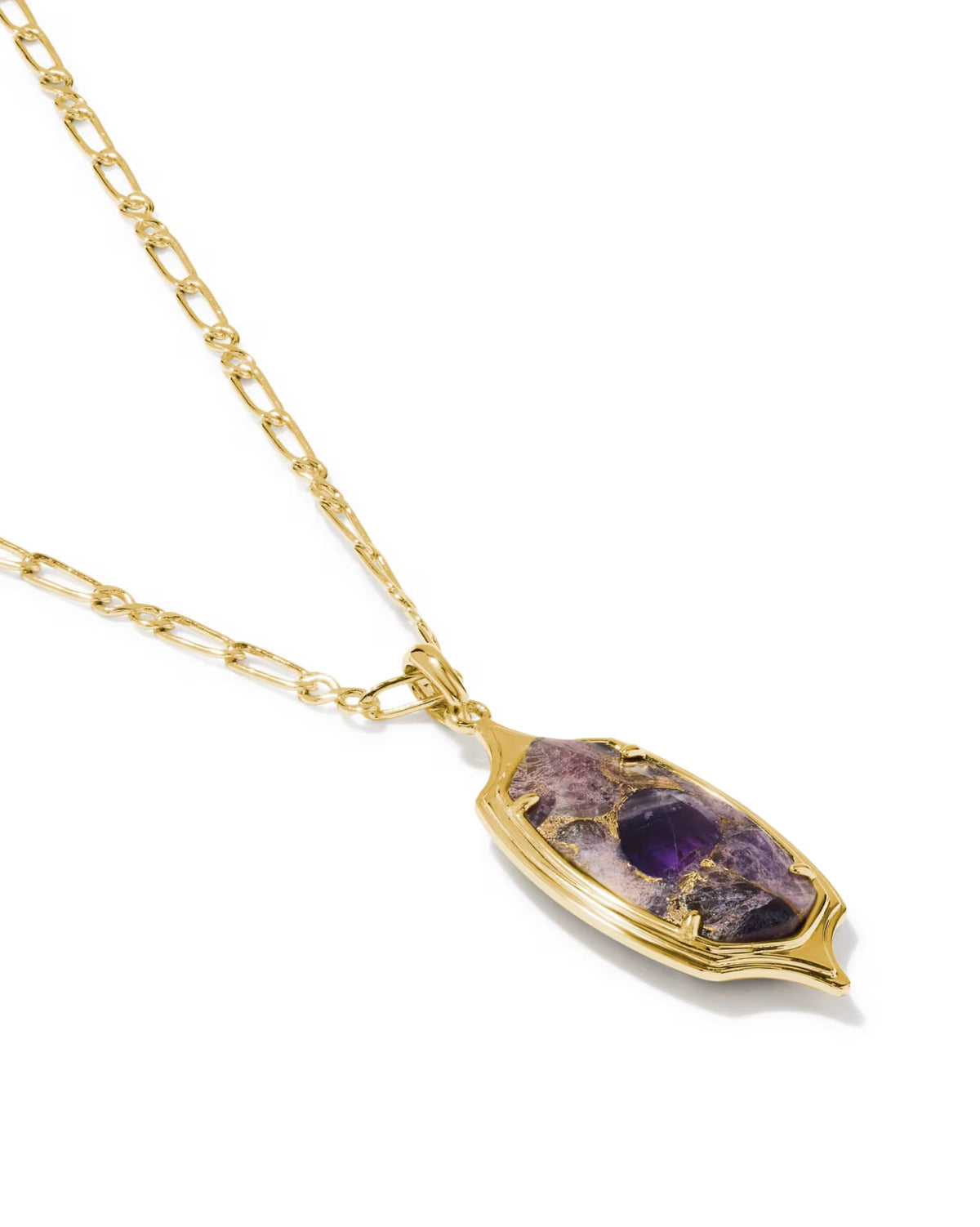 Dani Stepped Frame Long Pendant Necklace Gold Bronze Veined Purple Amethyst