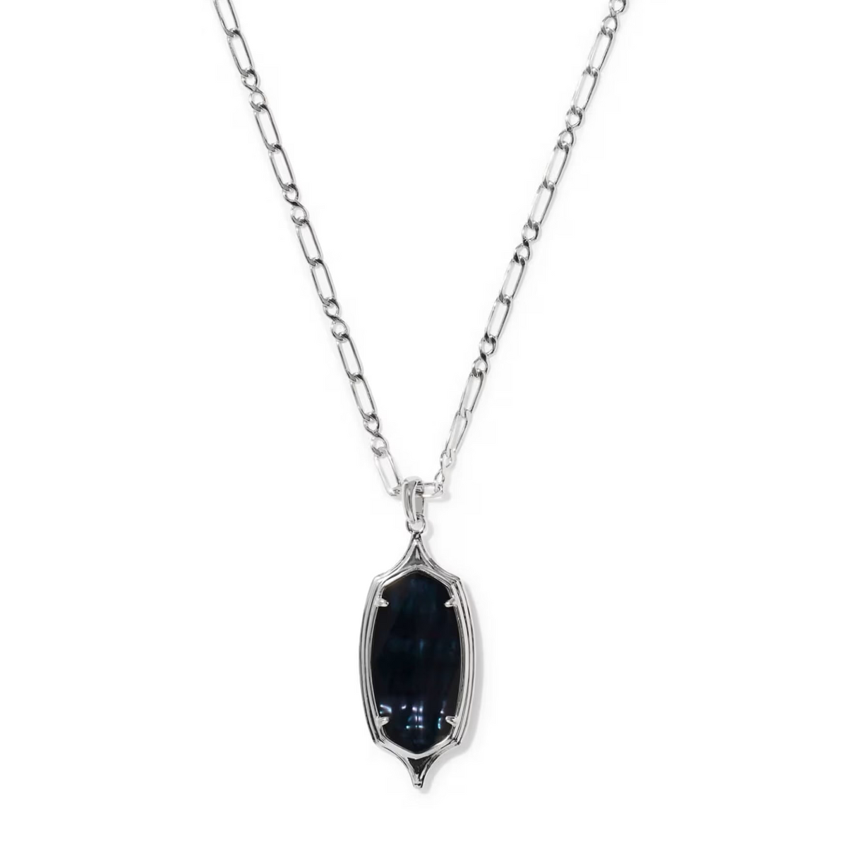 Dani Stepped Frame Long Pendant Necklace Silver Dark Indigo Illusion