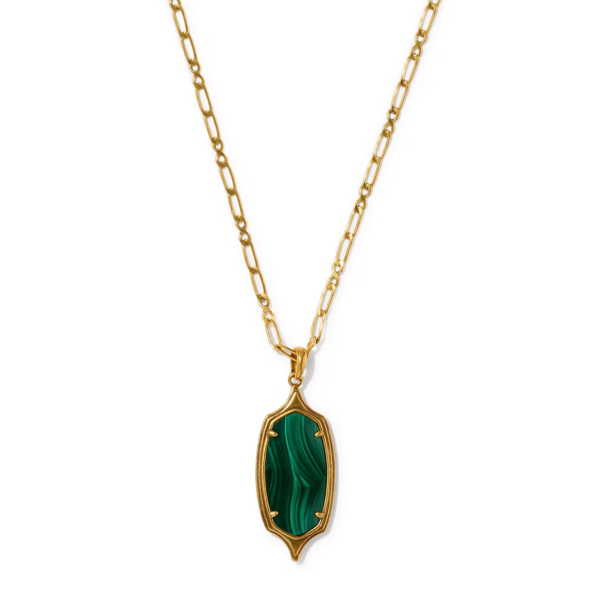 Dani Stepped Frame Long Pendant Necklace Gold Green Malachite