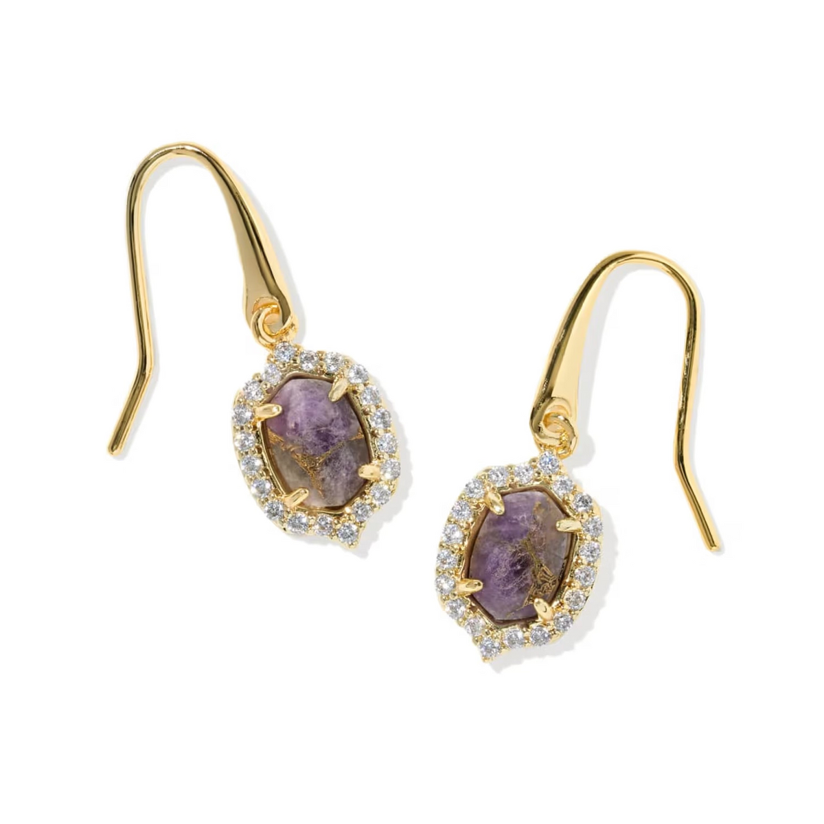 Daphne Crystal Frame Drop Earrings Gold Bronze Veined Purple Amethyst