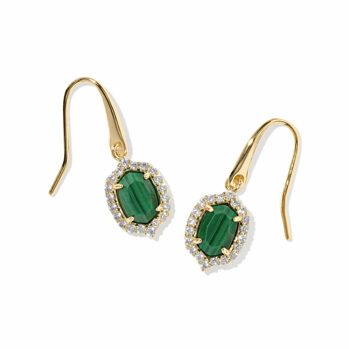 Daphne Crystal Frame Drop Earrings Gold Green Malachite
