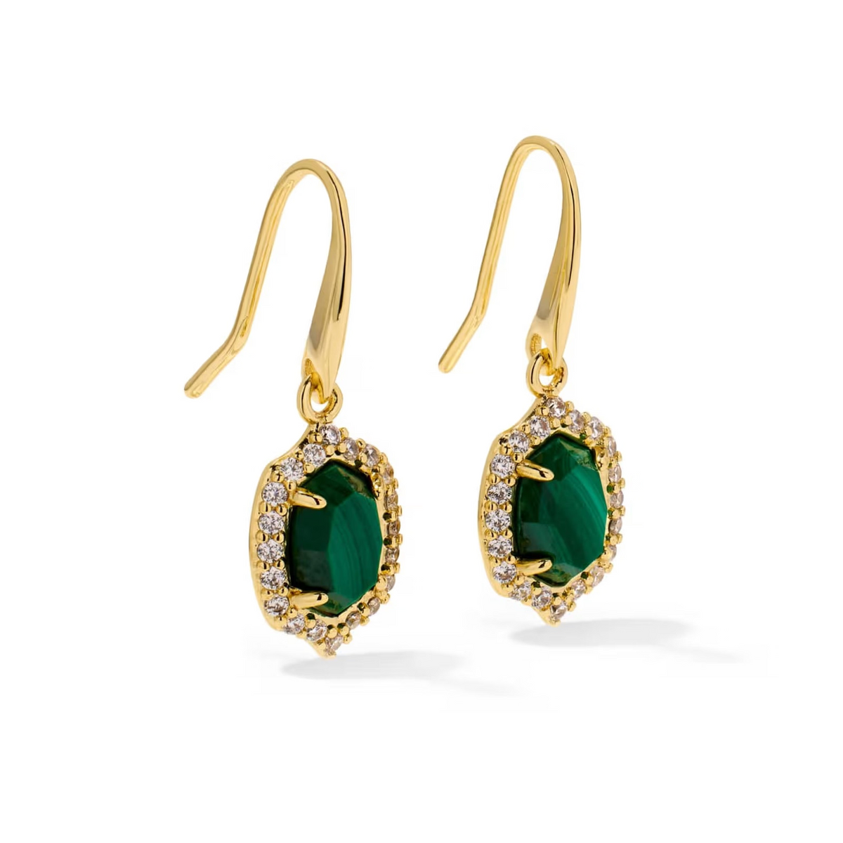Daphne Crystal Frame Drop Earrings Gold Green Malachite
