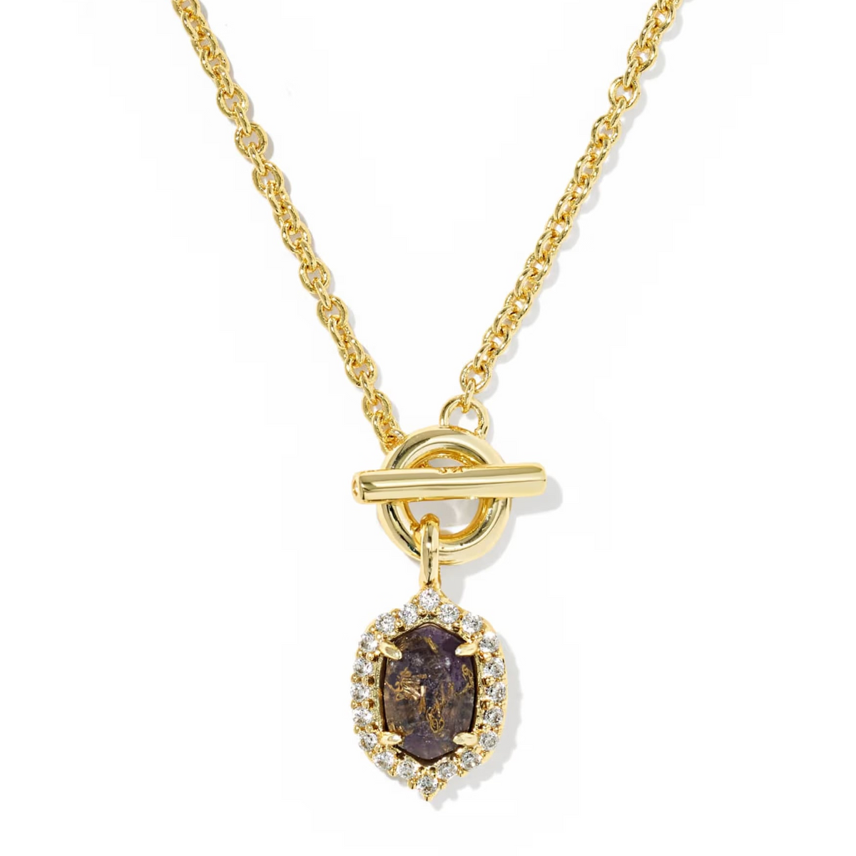 Daphne Crystal Frame Toggle Necklace Gold Bronze Veined Purple Amethyst