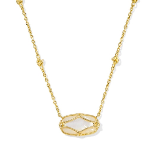 Elisa Lattice Frame Short Pendant Necklace Gold Ivory Mother of Pearl