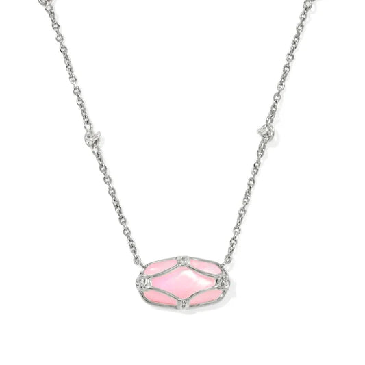 Elisa Lattice Frame Short Pendant Necklace Silver Blush Ivory Mother of Pearl