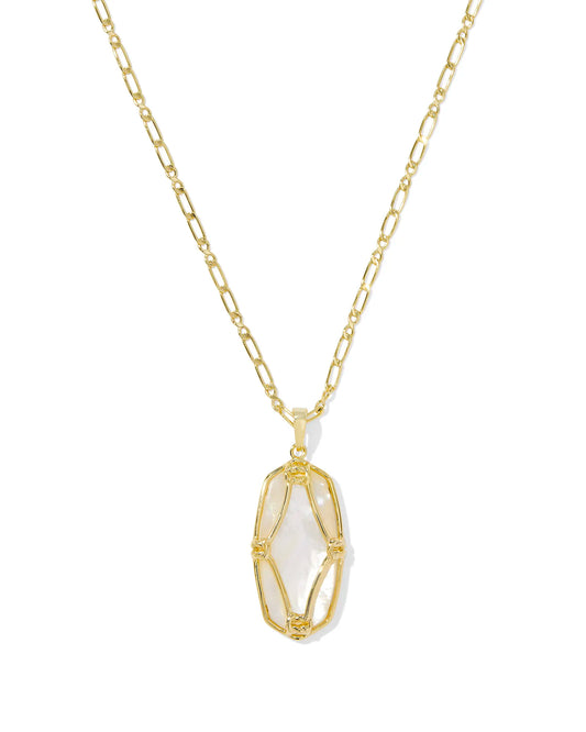 Elle Lattice Frame Long Pendant Necklace Gold Ivory Mother of Pearl