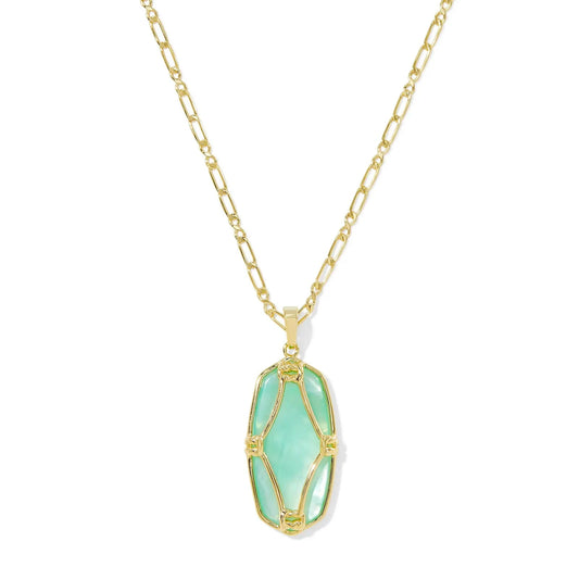 Elle Lattice Frame Long Pendant Necklace Gold Light Green Mother of Pearl