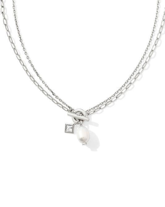 Eve Silver Chain Multi Strand Necklace in White Pear