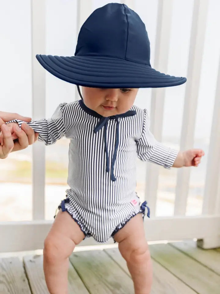 Navy Blue Seersucker Swim Hat UPF 50+