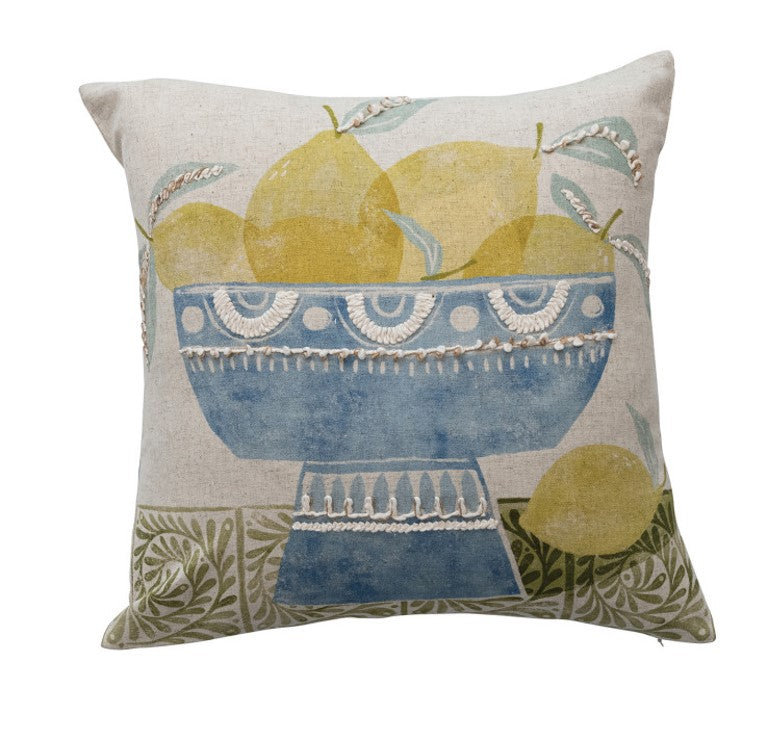 18" Square Cotton & Linen Printed Pillow Pears in Bowl w/ Pedestal