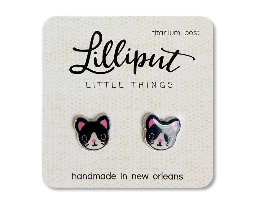 Lilliput Black and White Kitty Cat Earrings