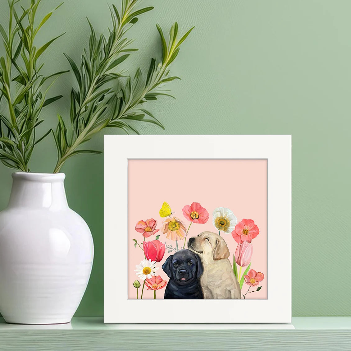Pups and Bugs - Black and Yellow Labs Happy Square Art